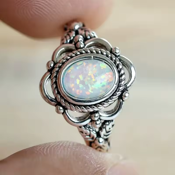 Vintage Silver and Opal Floral Ring