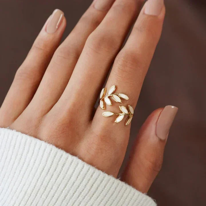 White Opal Leaf Adjustable Ring