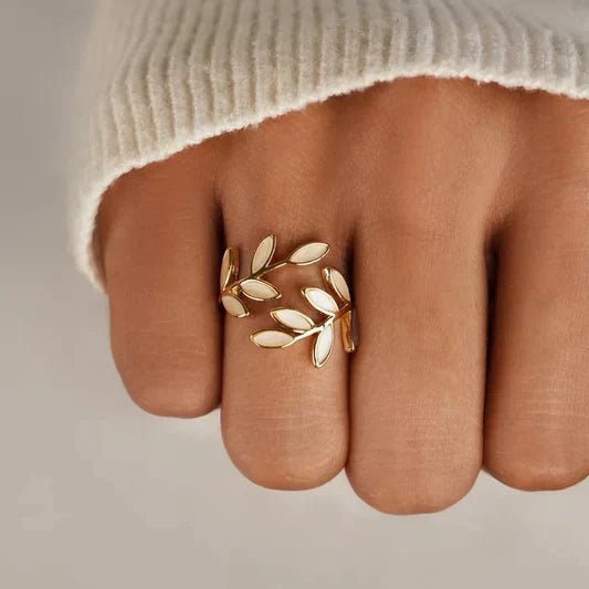 White Opal Leaf Adjustable Ring