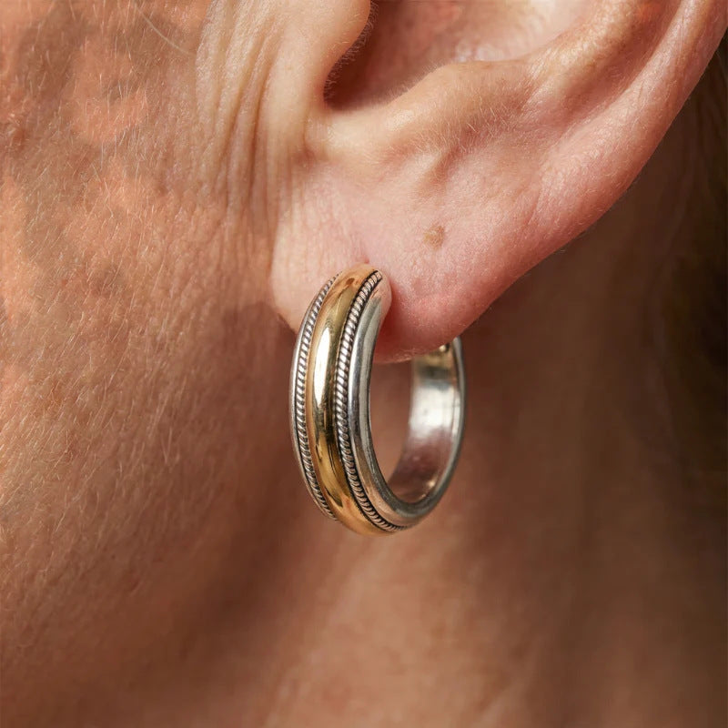 Vintage Gold Line Silver Hoop Earrings