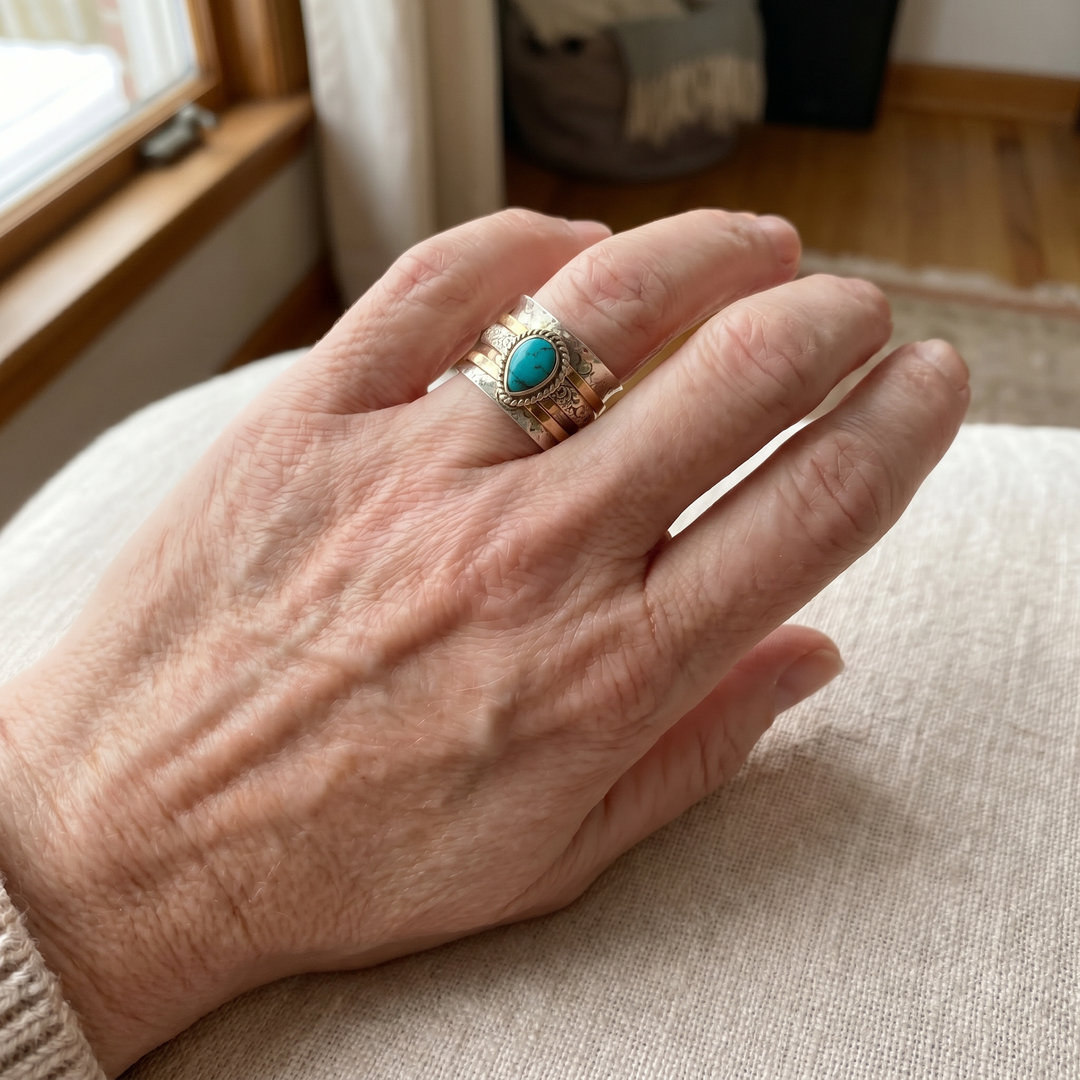 Antique Turquoise Inlay Gold and Silver Ring