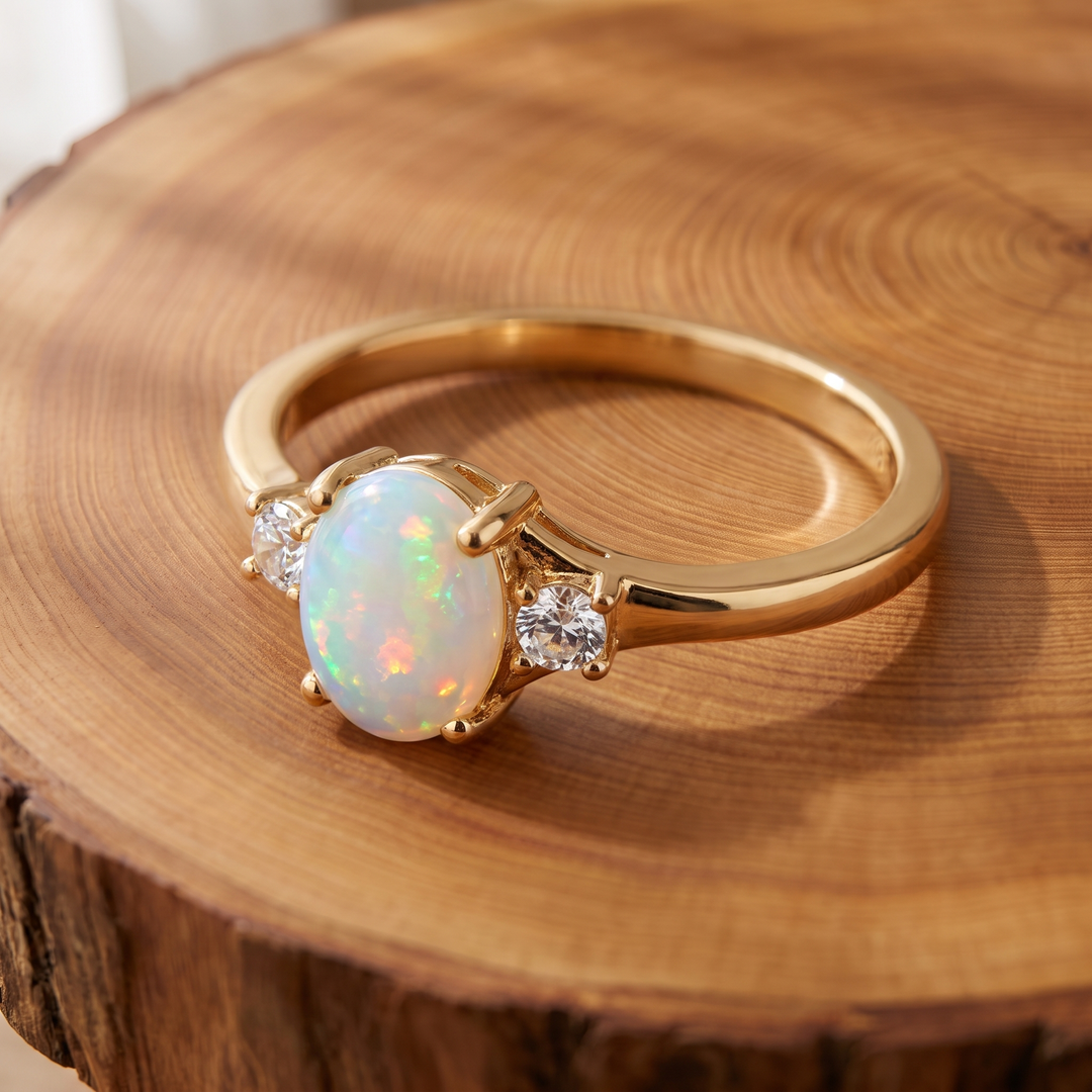 White Opal Three Stone Gold Ring