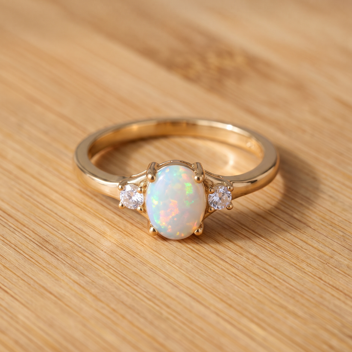 White Opal Three Stone Gold Ring