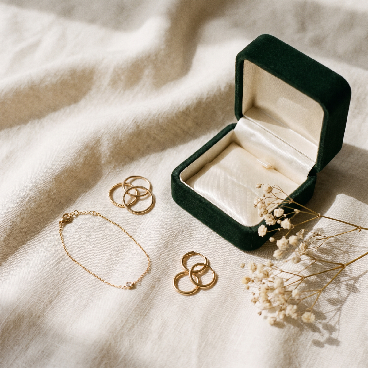 Gold rings and hoop earrings on linen